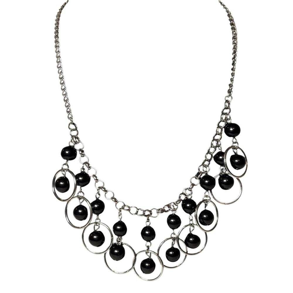 Y2K Black Acrylic Bead Silver Tone Statement Necklace 18”
